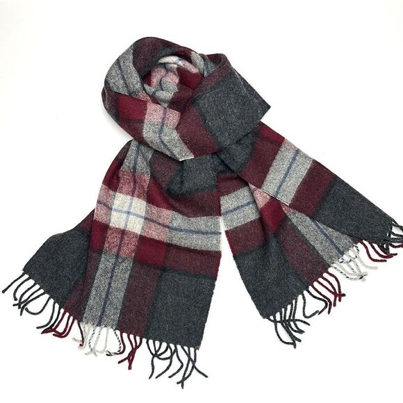 Vintage Merino Wool Gray Burgundy Plaid Scarf made in West Germany - Picture 3 of 7